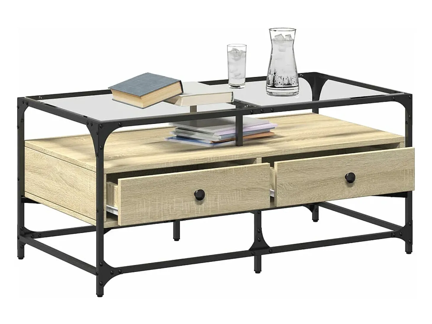 Mesa de centro tapa de vidrio acero roble Sonoma 98,5x50x45 cm