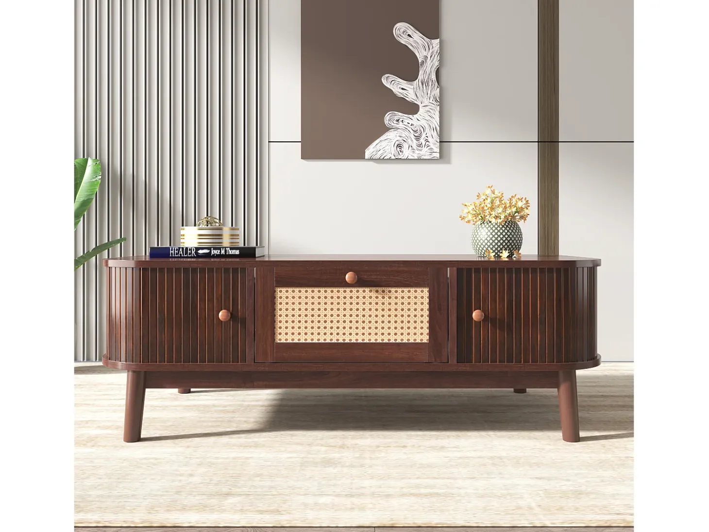 Mesa de centro 110x55cm chapada en nogal con ratán, gran espacio de almacenaje, Natural Oscuro