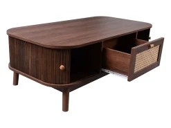 Mesa de centro 110x55cm chapada en nogal con ratán, gran espacio de almacenaje, Natural Oscuro
