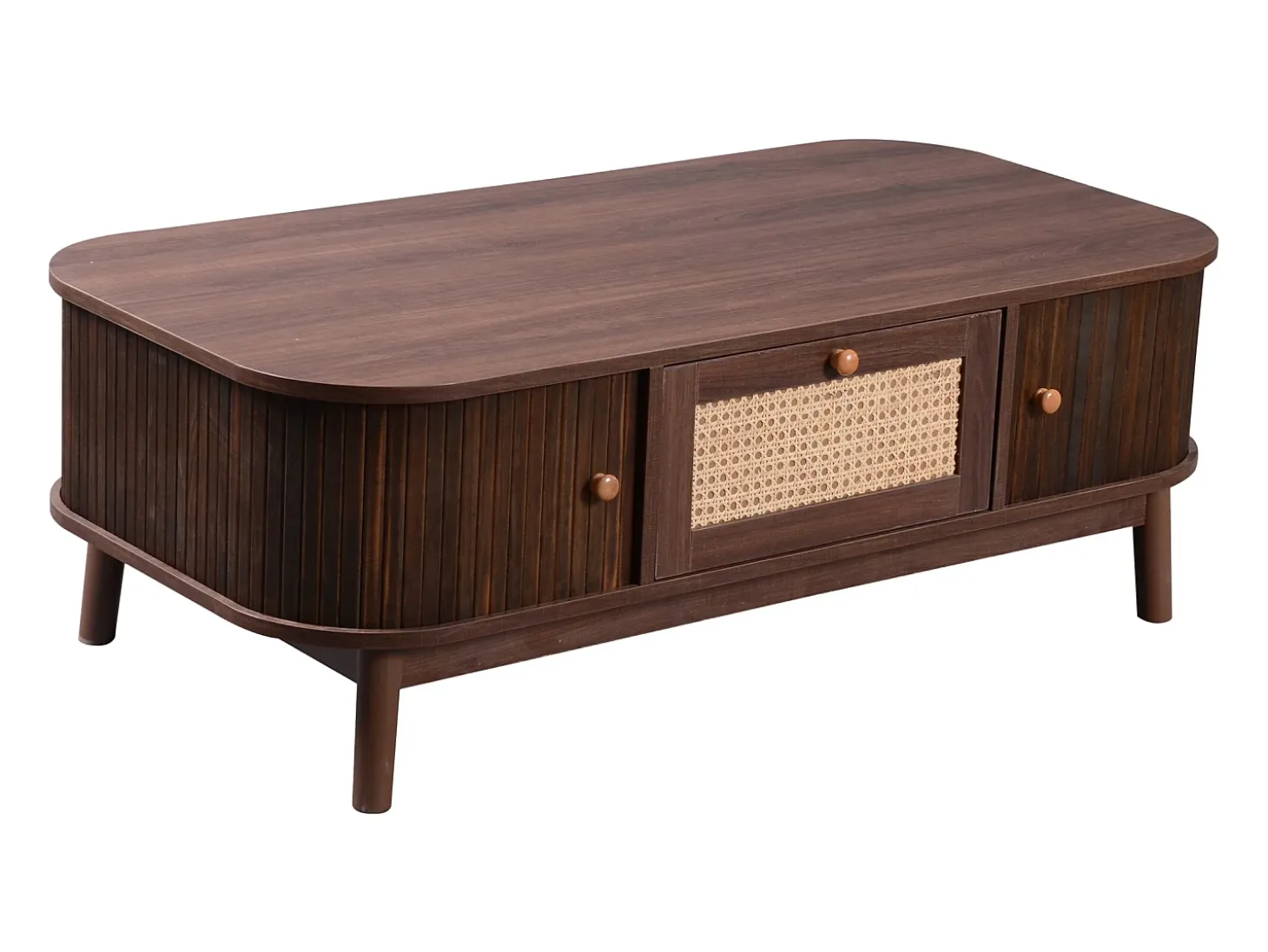 Mesa de centro 110x55cm chapada en nogal con ratán, gran espacio de almacenaje, Natural Oscuro