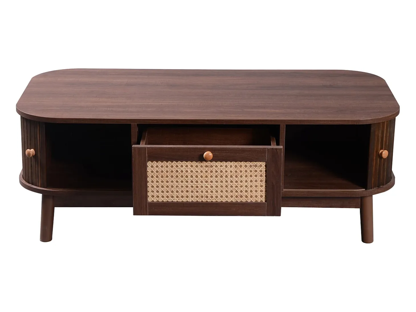 Mesa de centro 110x55cm chapada en nogal con ratán, gran espacio de almacenaje, Natural Oscuro