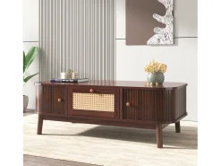 Mesa de centro 110x55cm chapada en nogal con ratán, gran espacio de almacenaje, Natural Oscuro