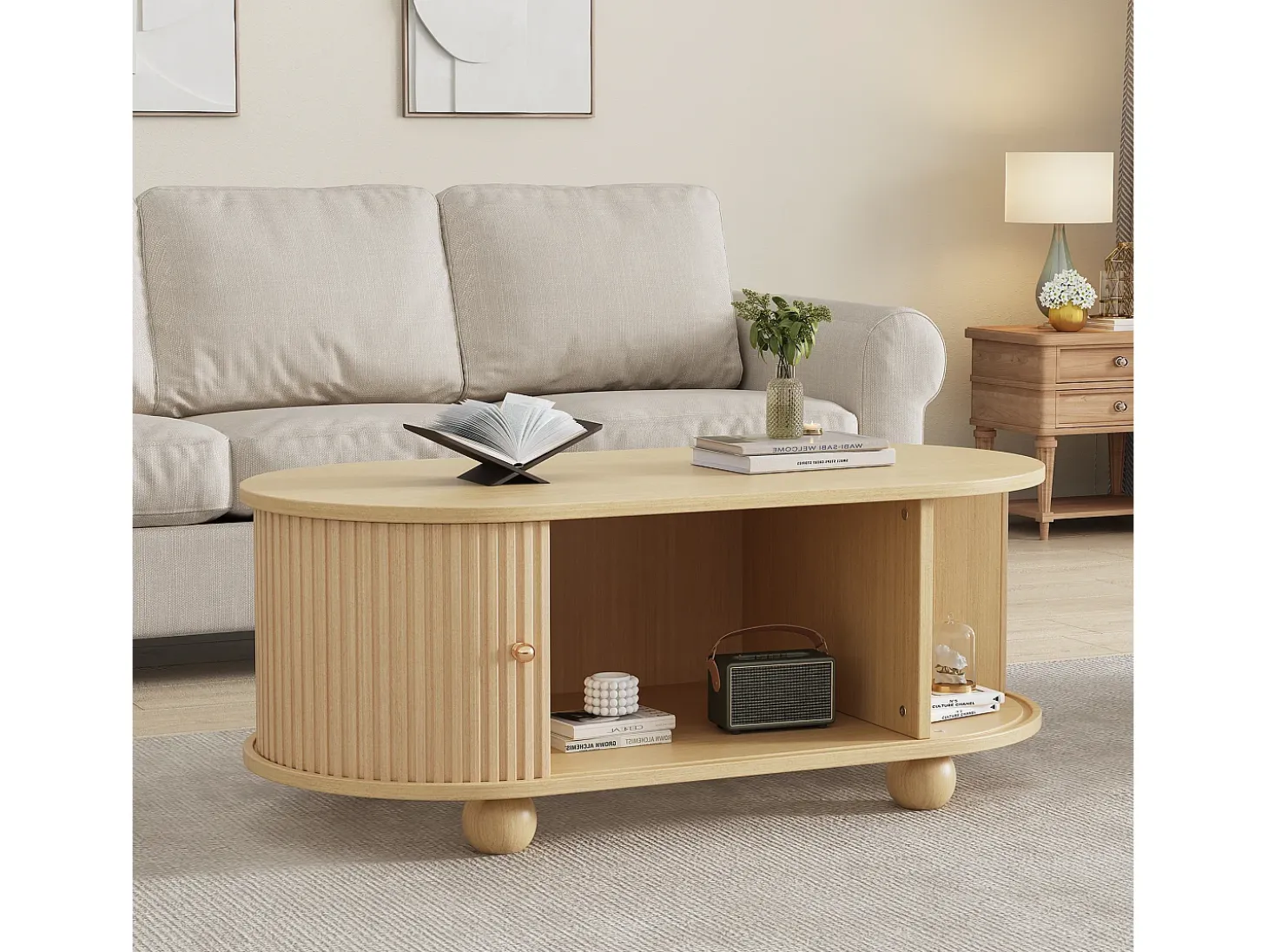 Mesa de centro 100x50x40 cm - con almacenamiento - con puertas correderas - natural