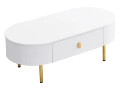 Mesa de centro 108x50x40 cm - con 2 cajones - tiradores y patas doradas - blanco