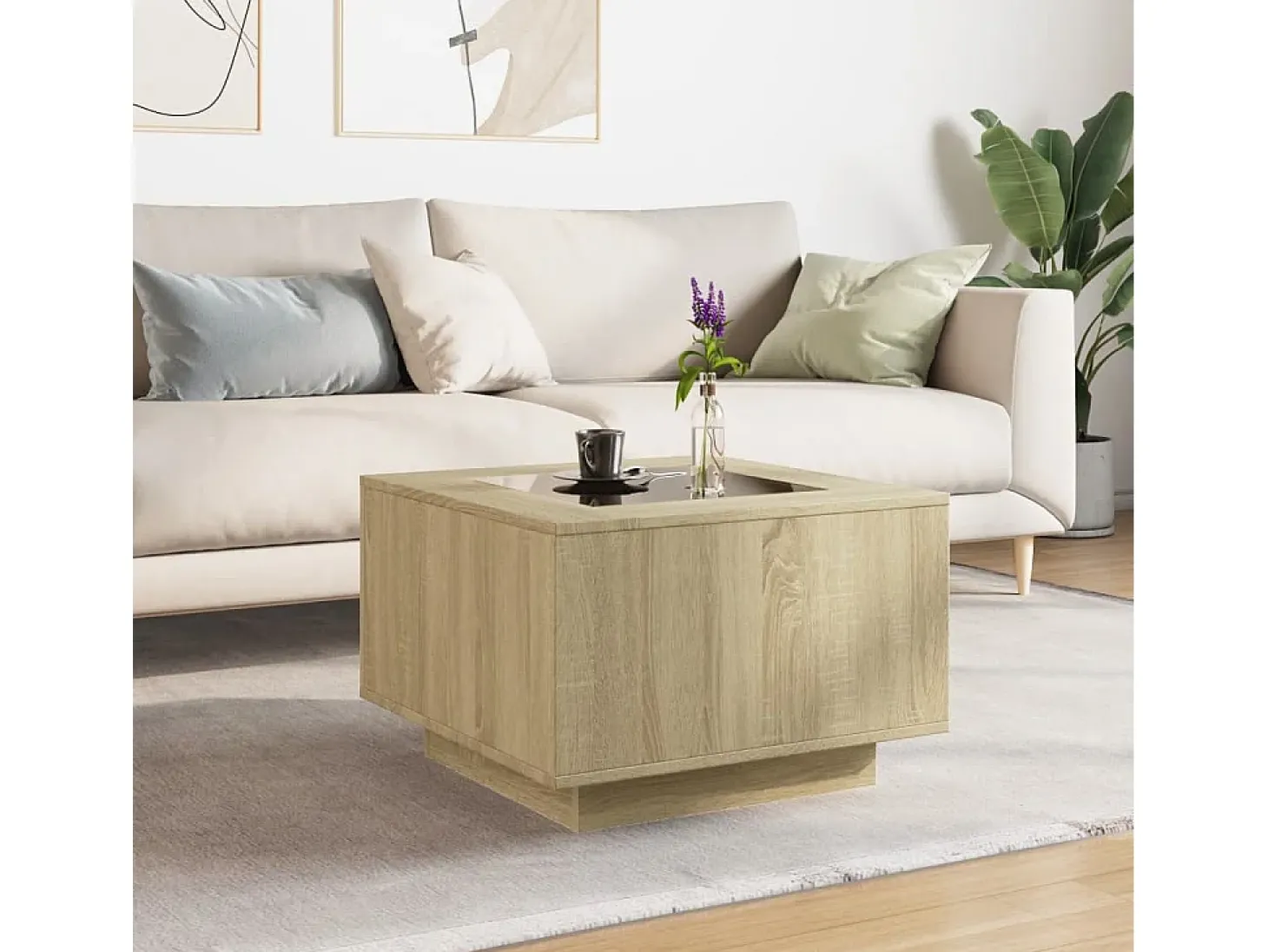 Mesa de centro y LED madera ingeniería roble Sonoma 60x60x40 cm