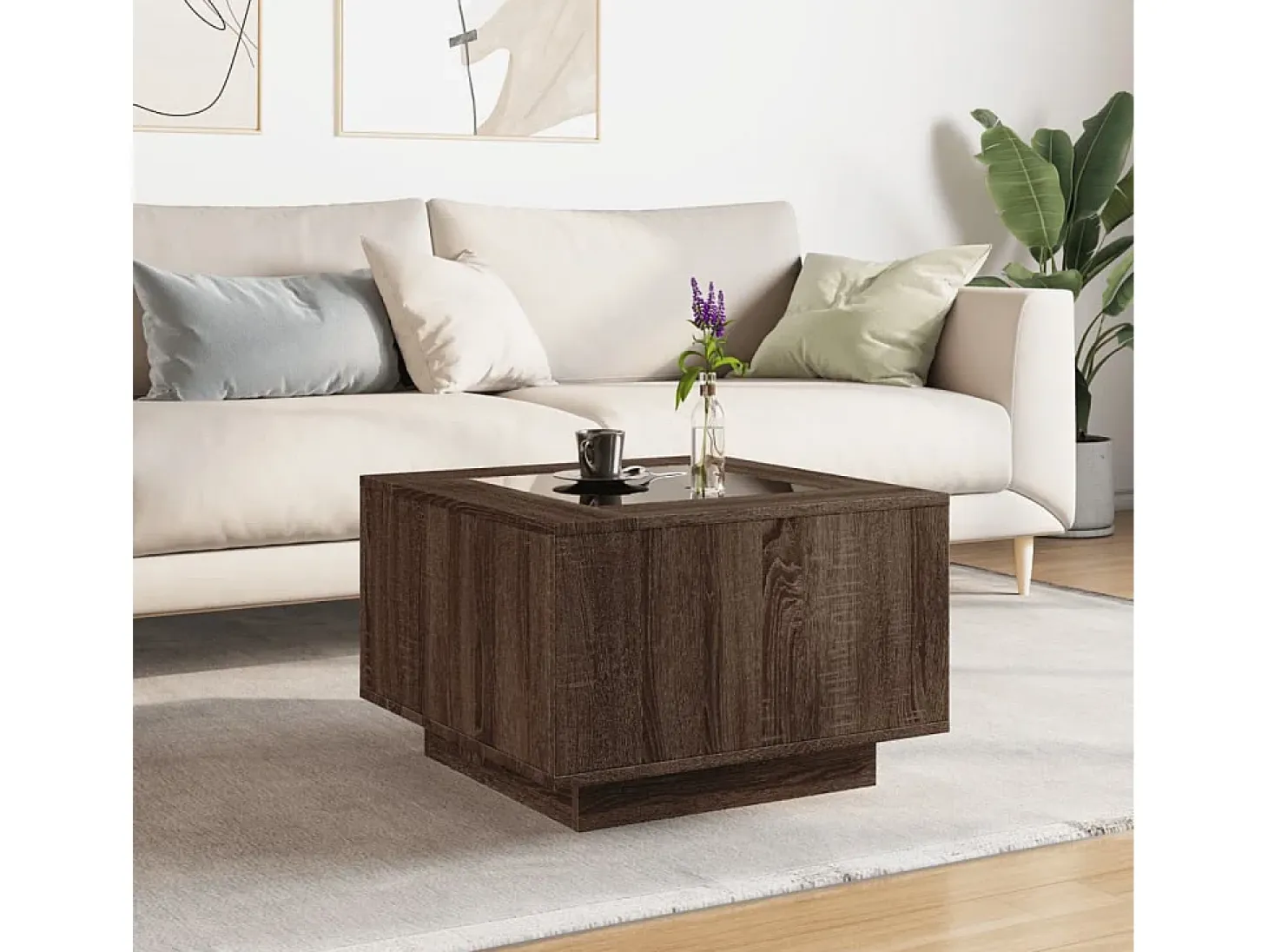 Mesa de centro y LED madera ingeniería marrón roble 60x60x40 cm