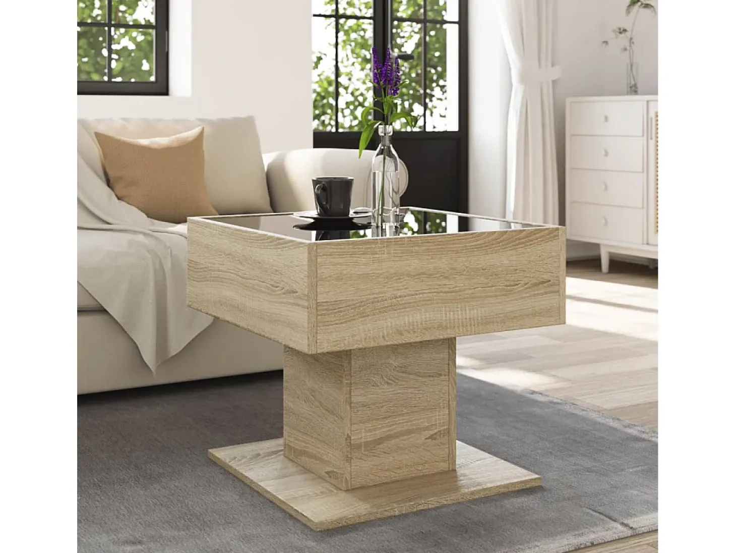 Mesa de centro y LED madera ingeniería roble Sonoma 50x50x45 cm