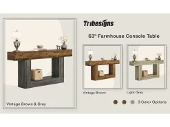 Mesa de consola 160 cm, mesa de entrada de 2 niveles estilo casco rural, mesa de sofá detrás del sofá, color gris