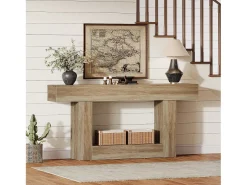 Mesa de consola 160 cm, mesa de entrada de 2 niveles estilo casco rural, mesa de sofá detrás del sofá, color gris