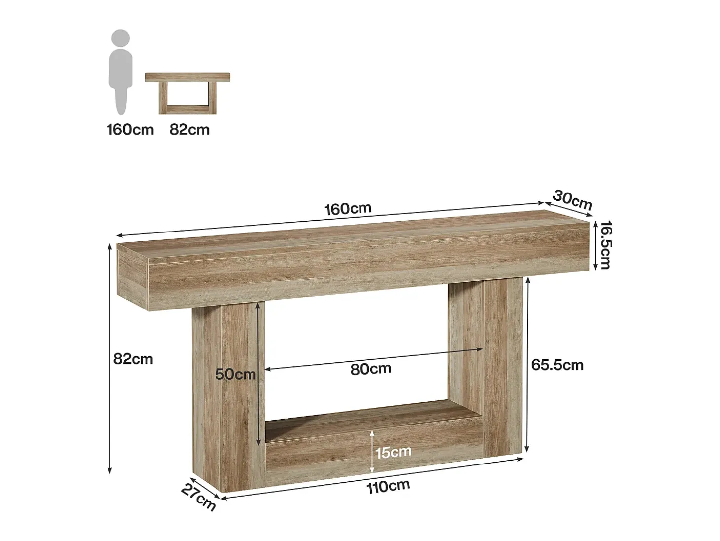 Mesa de consola 160 cm, mesa de entrada de 2 niveles estilo casco rural, mesa de sofá detrás del sofá, color gris