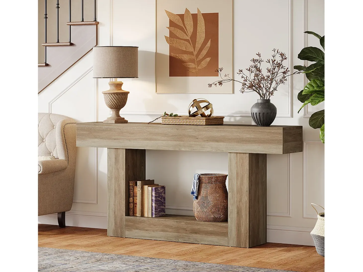 Mesa de consola 160 cm, mesa de entrada de 2 niveles estilo casco rural, mesa de sofá detrás del sofá, color gris