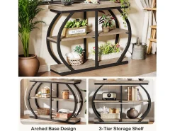 Mesa de consola 105 cm, mesa de entrada industrial de 3 niveles con marco de metal arqueado y estantes de almacenamiento