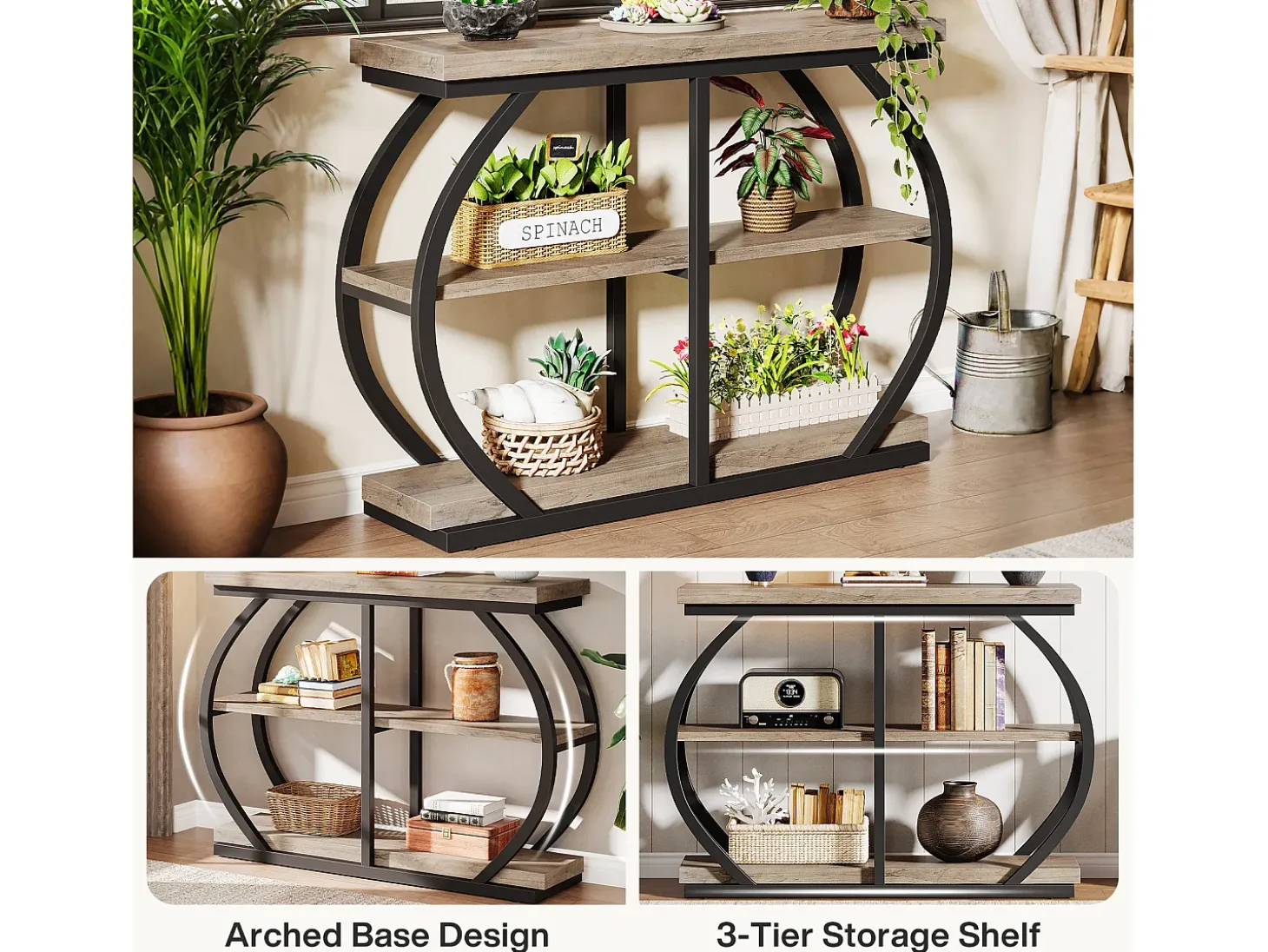 Mesa de consola 105 cm, mesa de entrada industrial de 3 niveles con marco de metal arqueado y estantes de almacenamiento