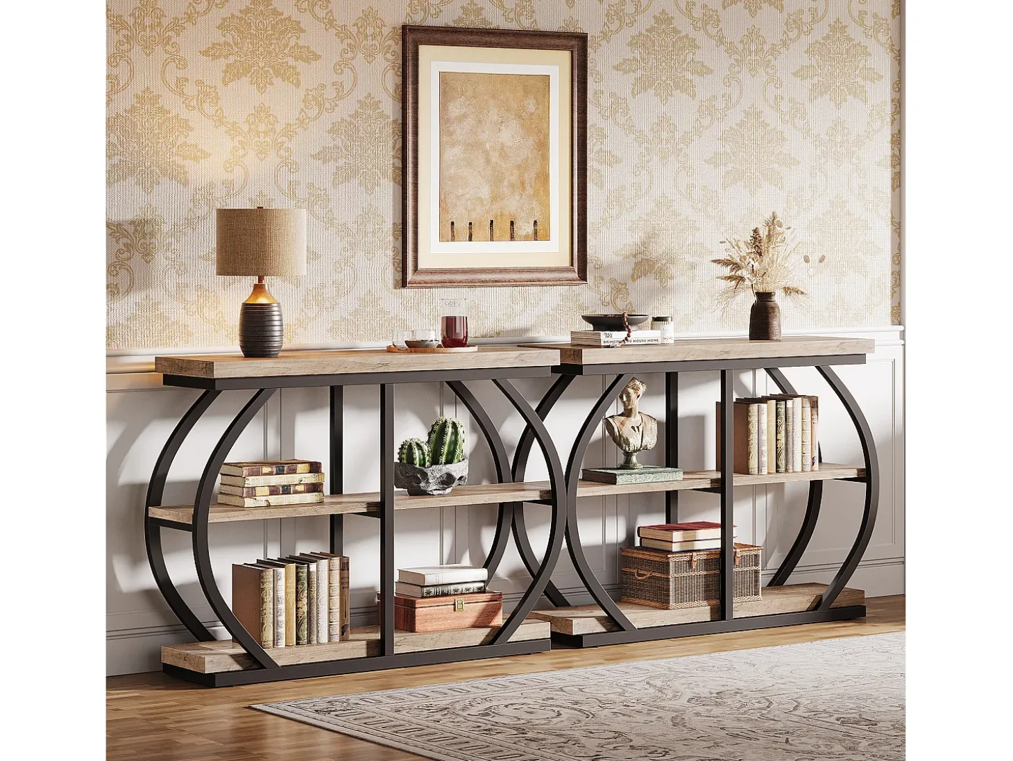 Mesa de consola 105 cm, mesa de entrada industrial de 3 niveles con marco de metal arqueado y estantes de almacenamiento
