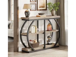Mesa de consola 105 cm, mesa de entrada industrial de 3 niveles con marco de metal arqueado y estantes de almacenamiento