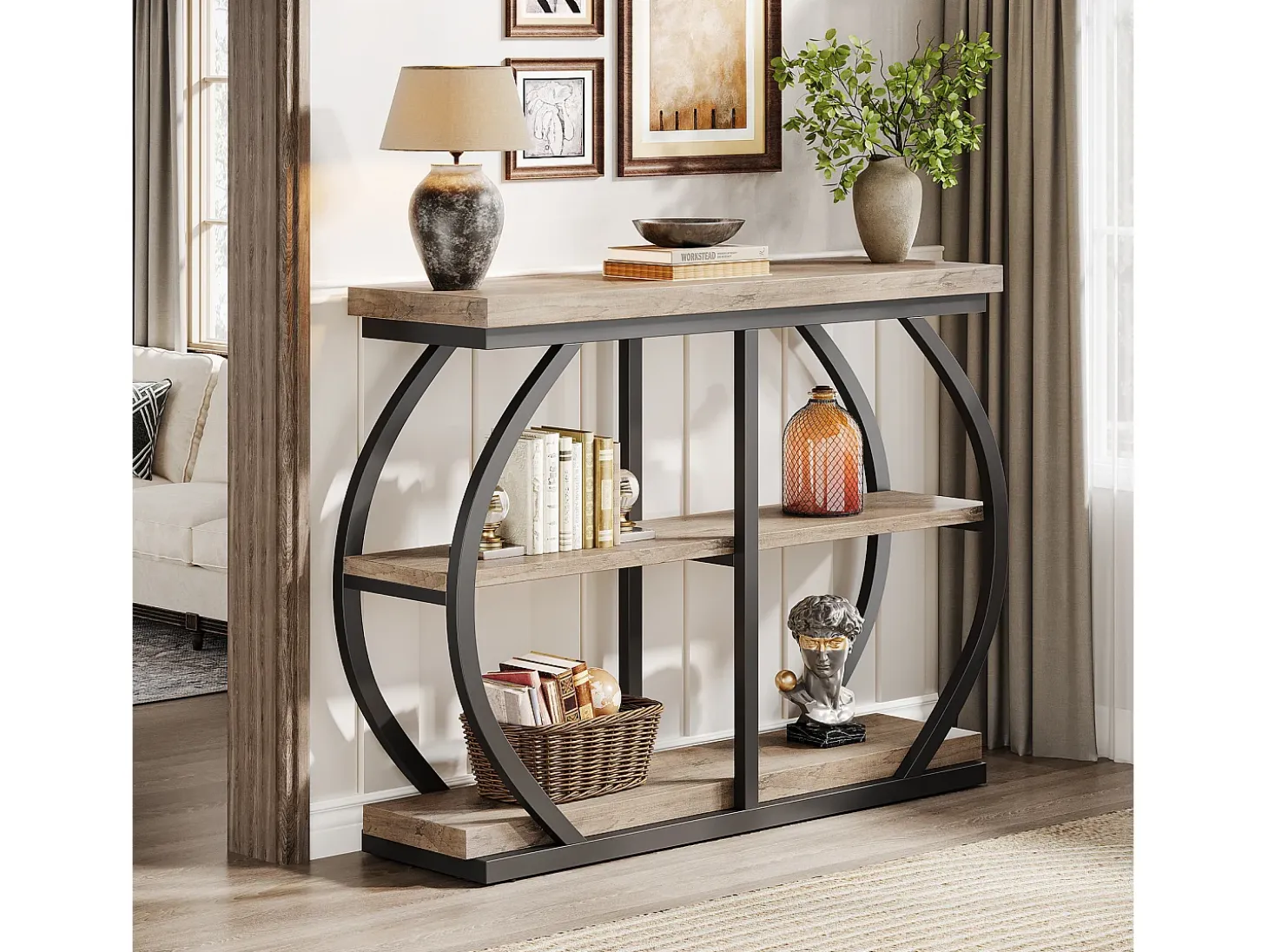 Mesa de consola 105 cm, mesa de entrada industrial de 3 niveles con marco de metal arqueado y estantes de almacenamiento
