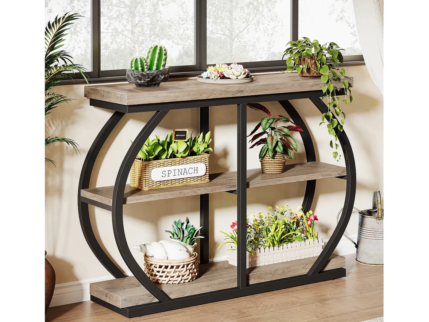 Mesa de consola 105 cm, mesa de entrada industrial de 3 niveles con marco de metal arqueado y estantes de almacenamiento