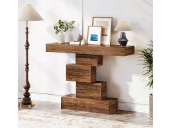 Mesa de consola, 108 cm. Mesa de sofá de madera estrecha detrás del sofá con base geométrica, mesa de entrada industrial, marrón rústico.