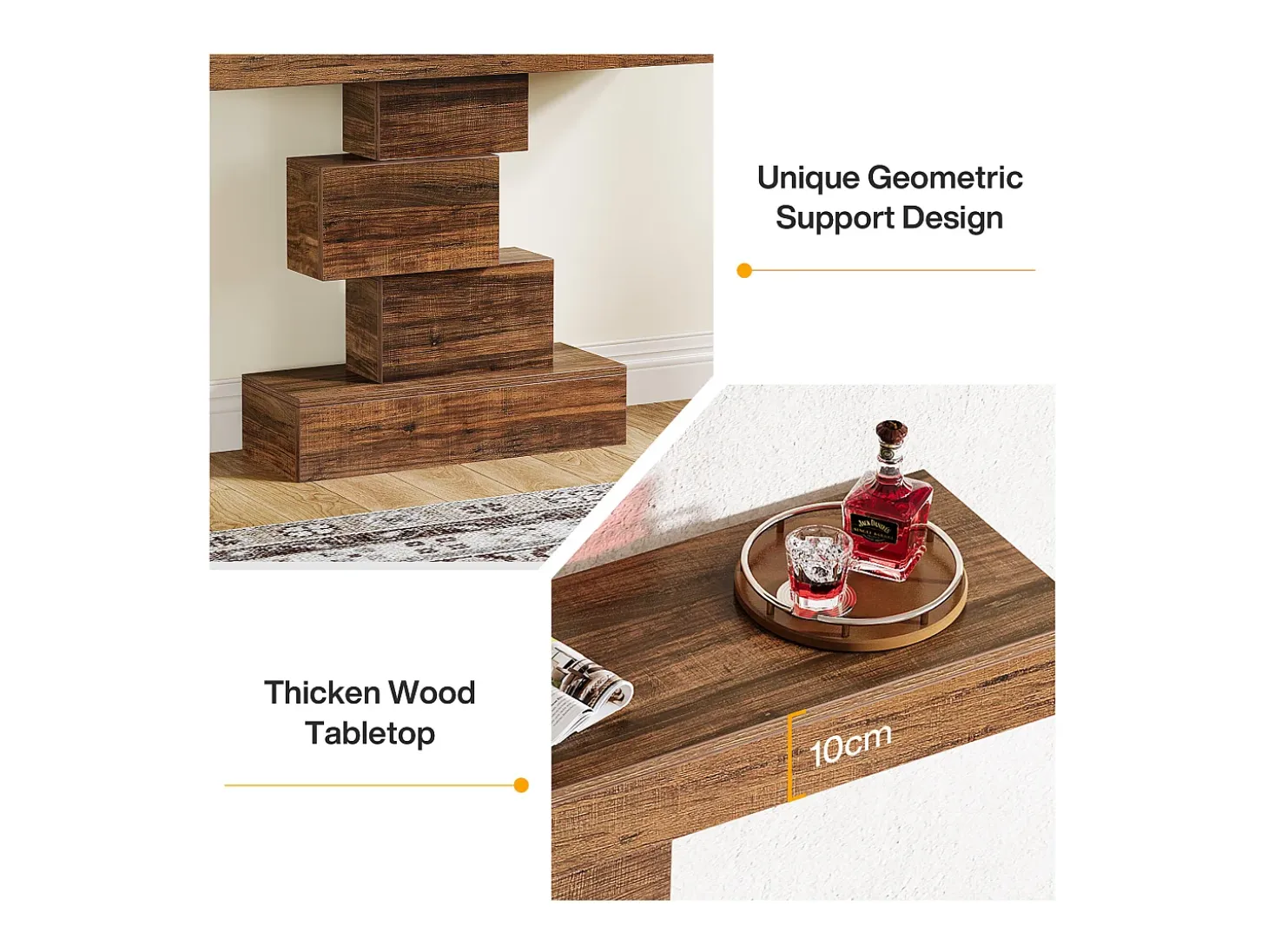 Mesa de consola, 108 cm. Mesa de sofá de madera estrecha detrás del sofá con base geométrica, mesa de entrada industrial, marrón rústico.