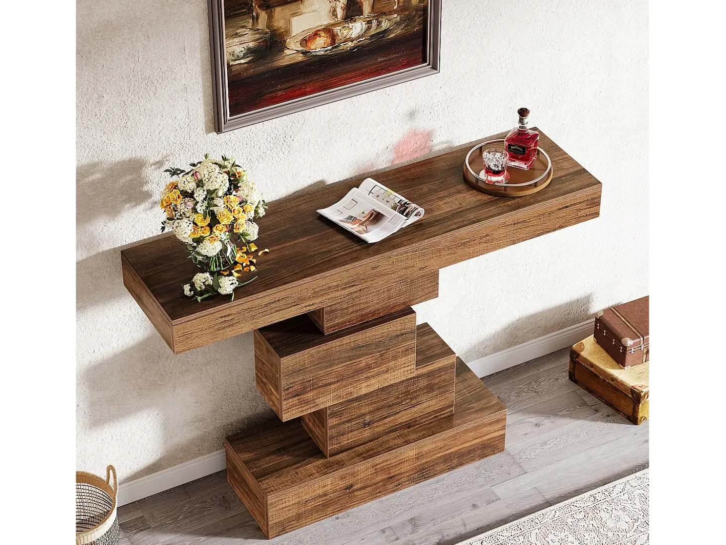 Mesa de consola, 108 cm. Mesa de sofá de madera estrecha detrás del sofá con base geométrica, mesa de entrada industrial, marrón rústico.