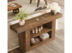 Mesa de consola con almacenamiento, mesa de entrada rústica de 3 niveles con base en forma de U, 160 cm