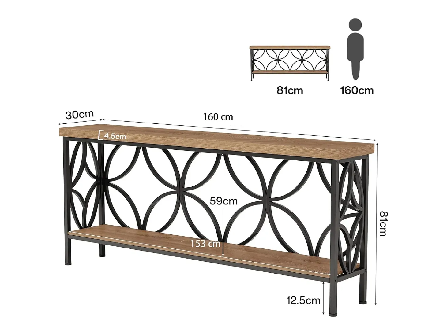 Mesa de consola con estante Mesa de sofá estrecha de 160 cm Mesa de pasillo
