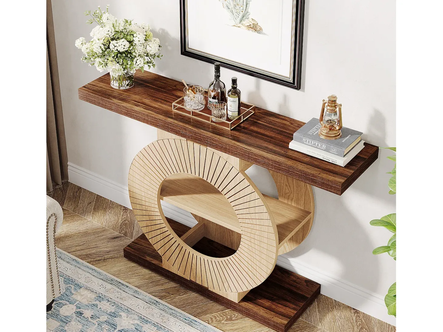 Mesa de consola de 100 cm con almacenamiento - Mesa de entrada de madera para el salón, con estanterías y base circular