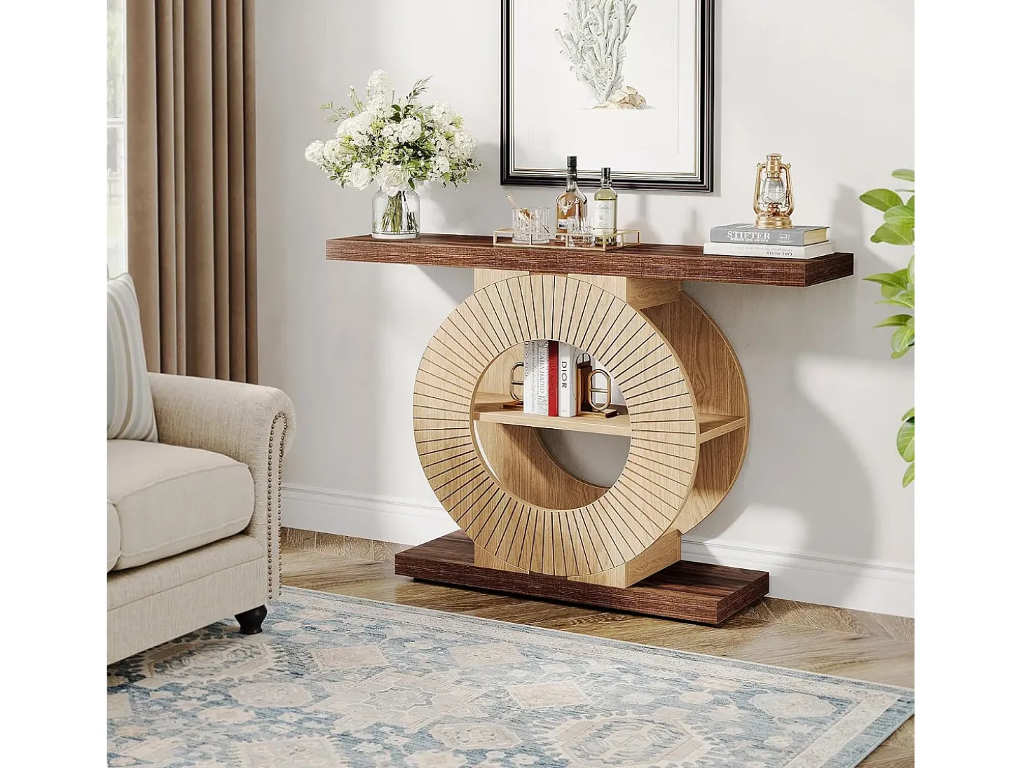 Mesa de consola de 100 cm con almacenamiento - Mesa de entrada de madera para el salón, con estanterías y base circular