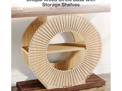 Mesa de consola de 100 cm con almacenamiento - Mesa de entrada de madera para el salón, con estanterías y base circular