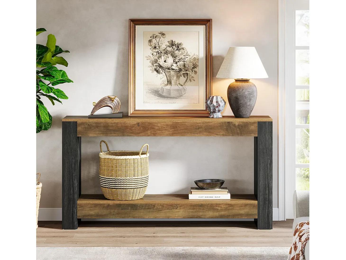 Mesa de consola de 160 cm de largo para la entrada, Mesa de entrada de madera rústica para el salón