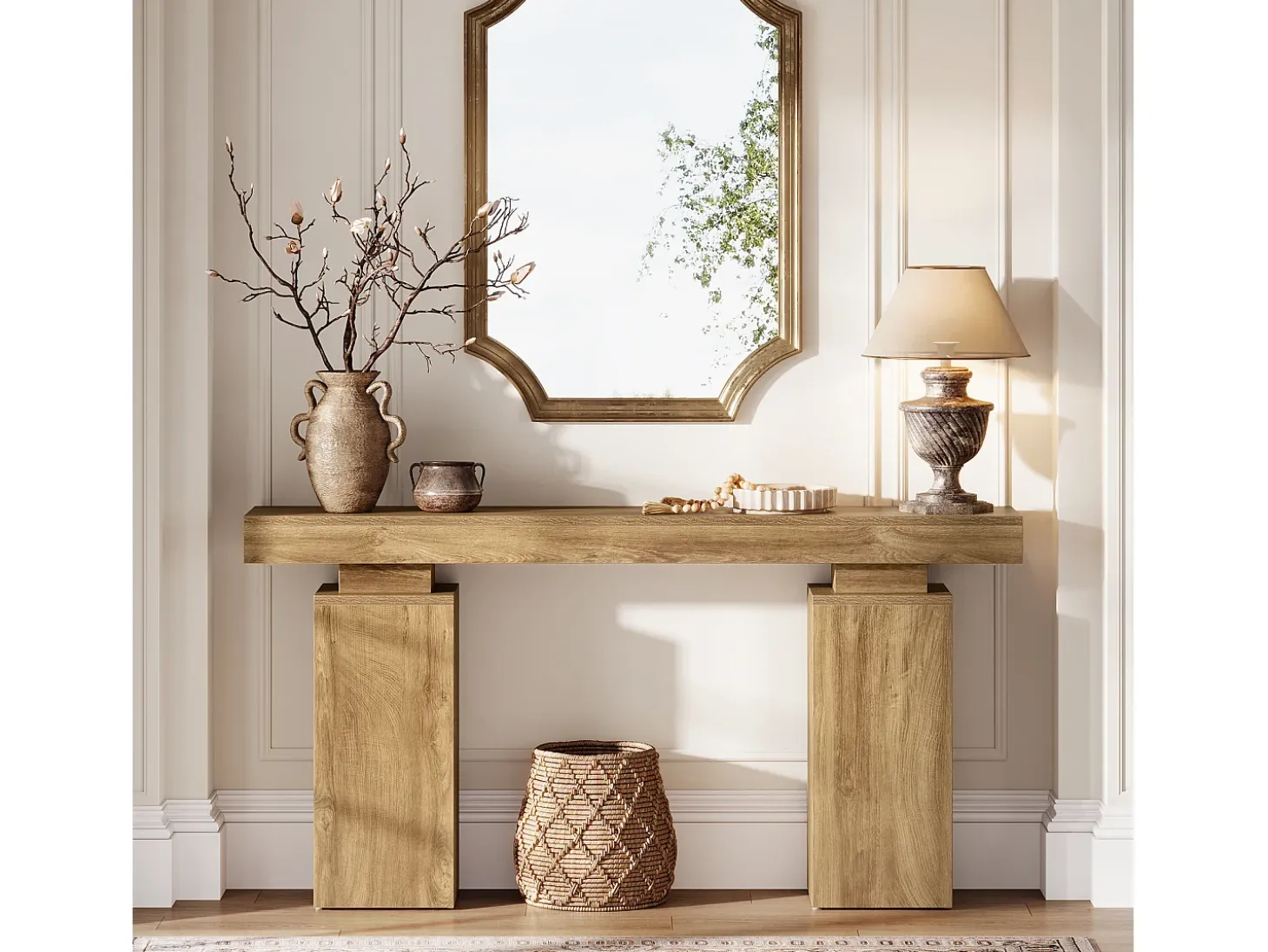 Mesa de consola de 160 cm de largo, mesa de entrada de estilo rústico detrás del sofá