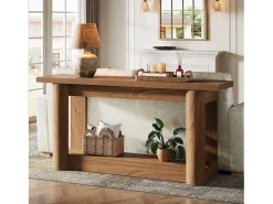 Mesa de consola de 160 cm, de dos niveles de longitud, mesa de pasillo con espacio de almacenamiento, de color marrón rústico