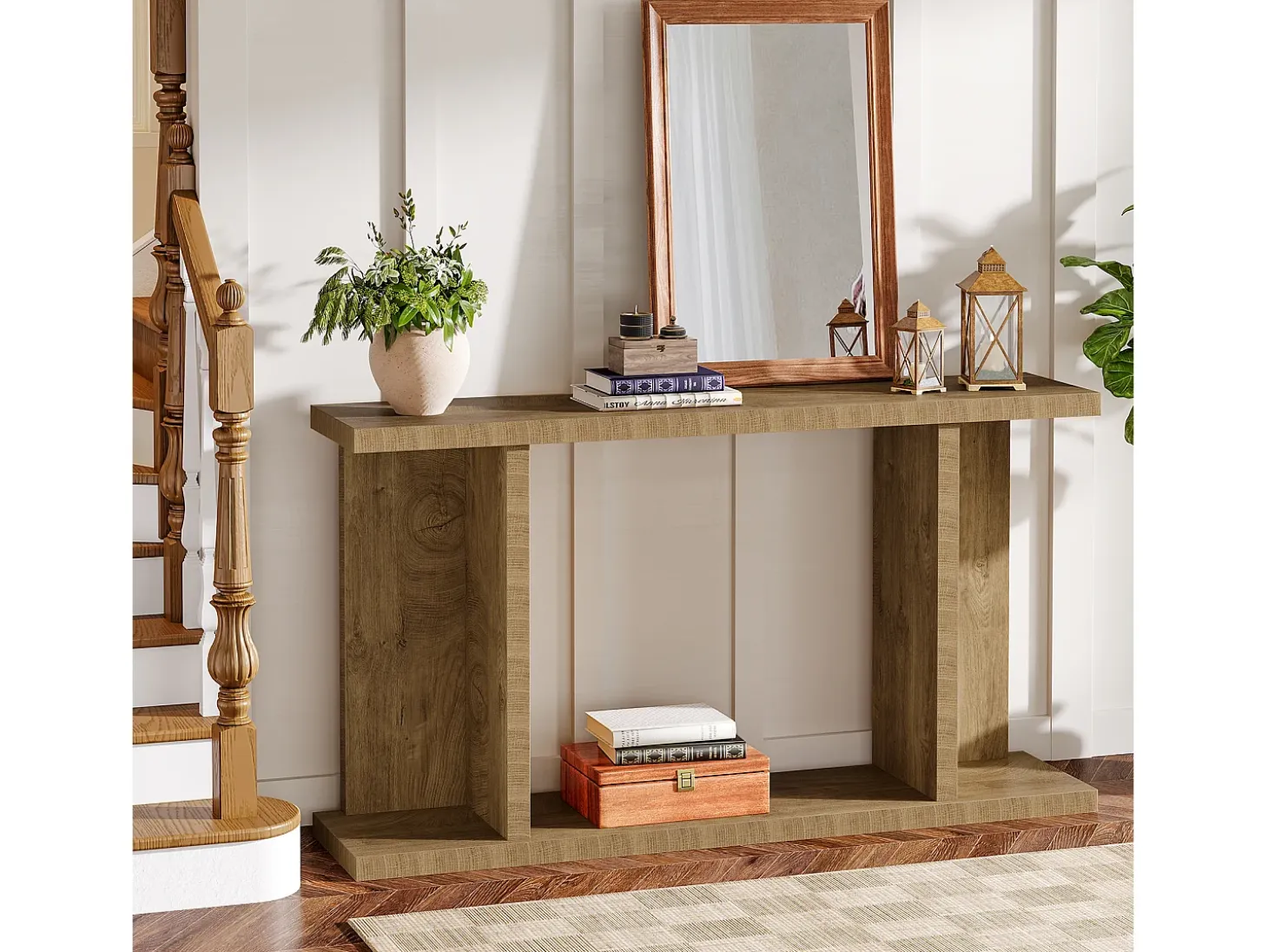 Mesa de consola de 140 cm, mesa de sofá rústica de 2 niveles para entrada detrás del sofá