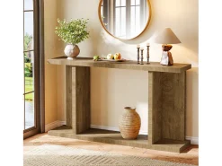 Mesa de consola de 140 cm, mesa de sofá rústica de 2 niveles para entrada detrás del sofá