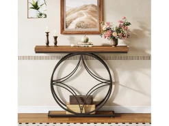Mesa de consola de 120 cm, mesa para sofá industrial de dos niveles con marco metálico geométrico, mesas estrechas de decoración para el vestíbulo