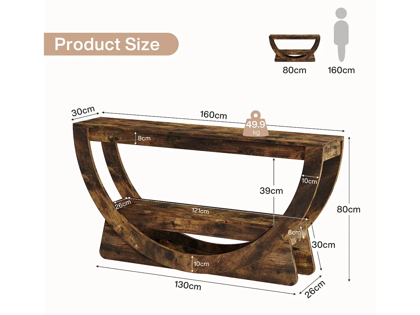 Mesa de Consola de 160 cm, Mesa de entrada industrial de dos tableros con estantes de almacenamiento