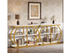 Mesa de consola de 105 cm, mesa de entrada industrial de 3 niveles con marco de metal arqueado