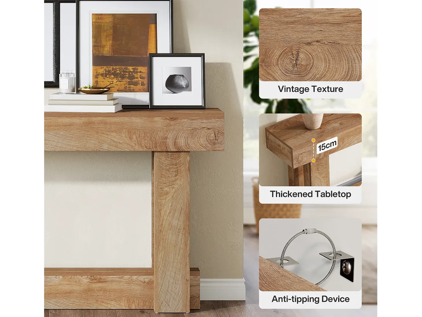 Mesa de consola de 160 cm, mesa de entrada de dos niveles, mesa auxiliar rectangular de madera detrás del sofá