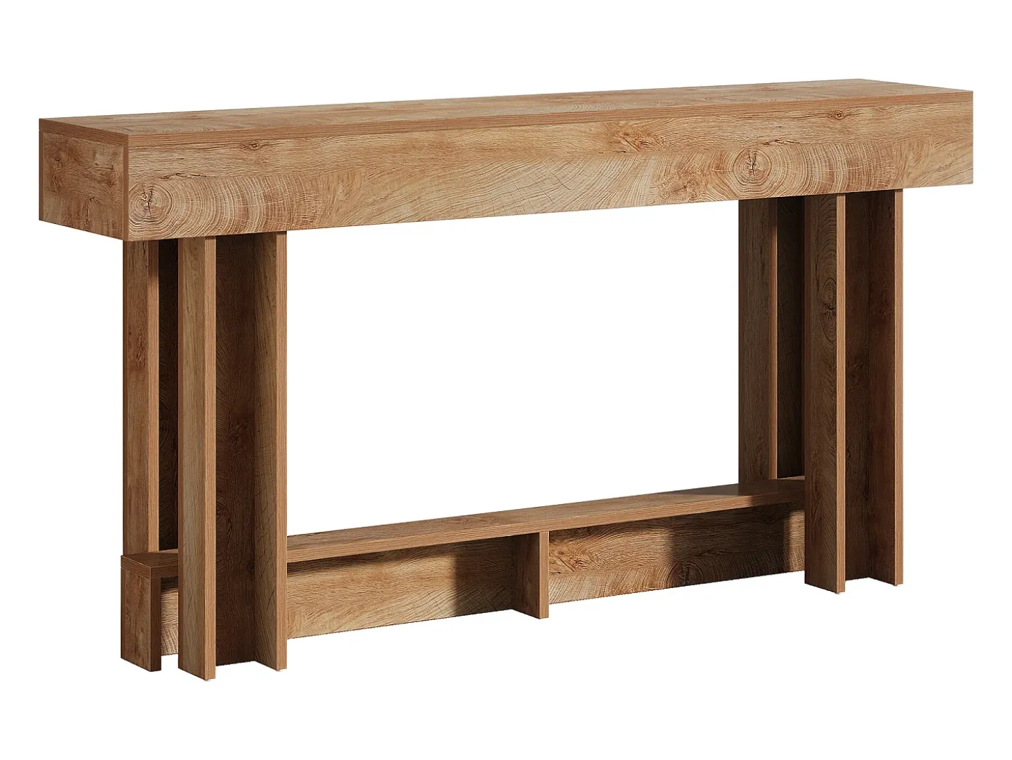 Mesa de consola de 160 cm, mesa de entrada de dos niveles, mesa auxiliar rectangular de madera detrás del sofá
