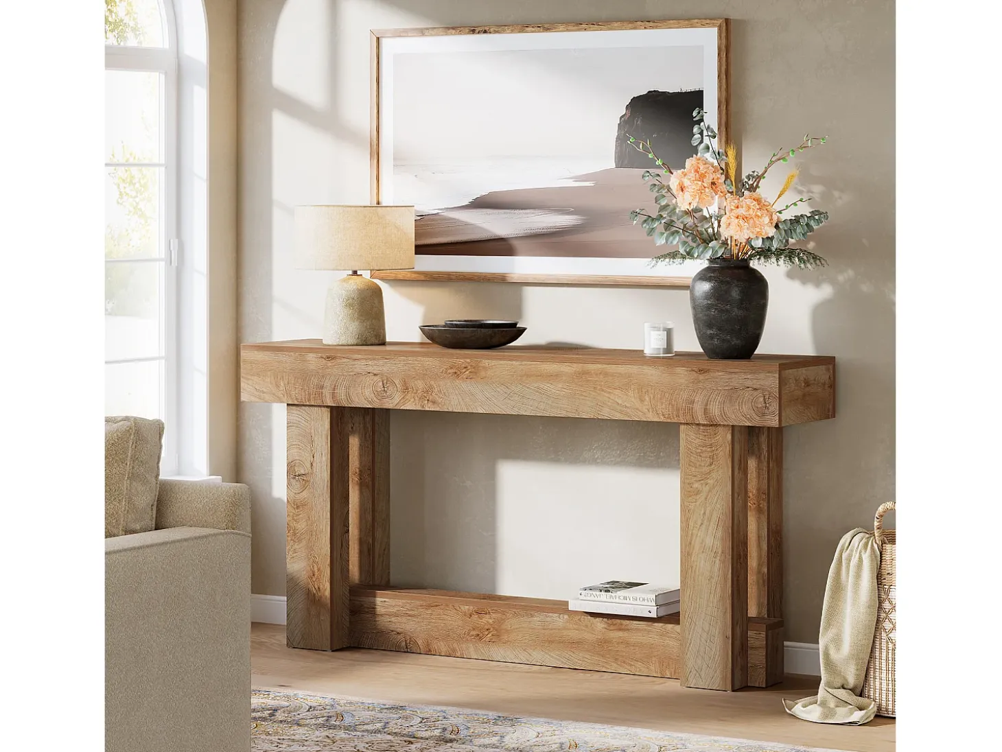 Mesa de consola de 160 cm, mesa de entrada de dos niveles, mesa auxiliar rectangular de madera detrás del sofá