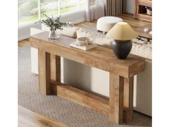 Mesa de consola de 160 cm, mesa de entrada de dos niveles, mesa auxiliar rectangular de madera detrás del sofá