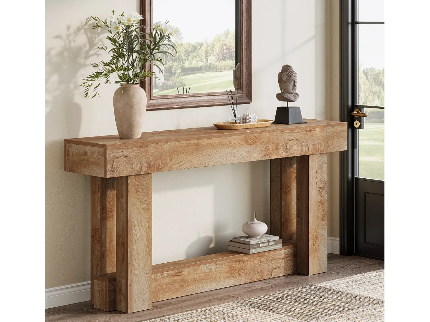 Mesa de consola de 160 cm, mesa de entrada de dos niveles, mesa auxiliar rectangular de madera detrás del sofá