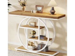 Mesa de consola de 105 cm, mesa de sofá industrial de 4 niveles, mesa de entrada con base circular