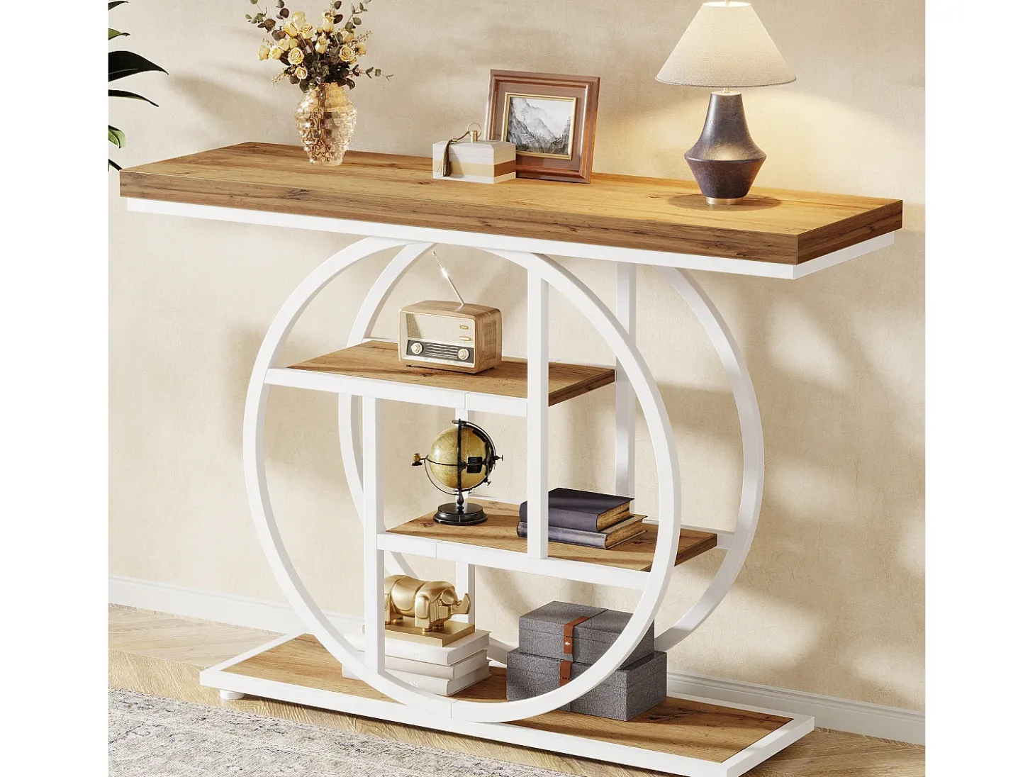 Mesa de consola de 105 cm, mesa de sofá industrial de 4 niveles, mesa de entrada con base circular