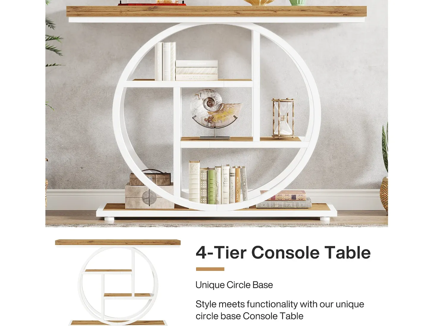 Mesa de consola de 105 cm, mesa de sofá industrial de 4 niveles, mesa de entrada con base circular