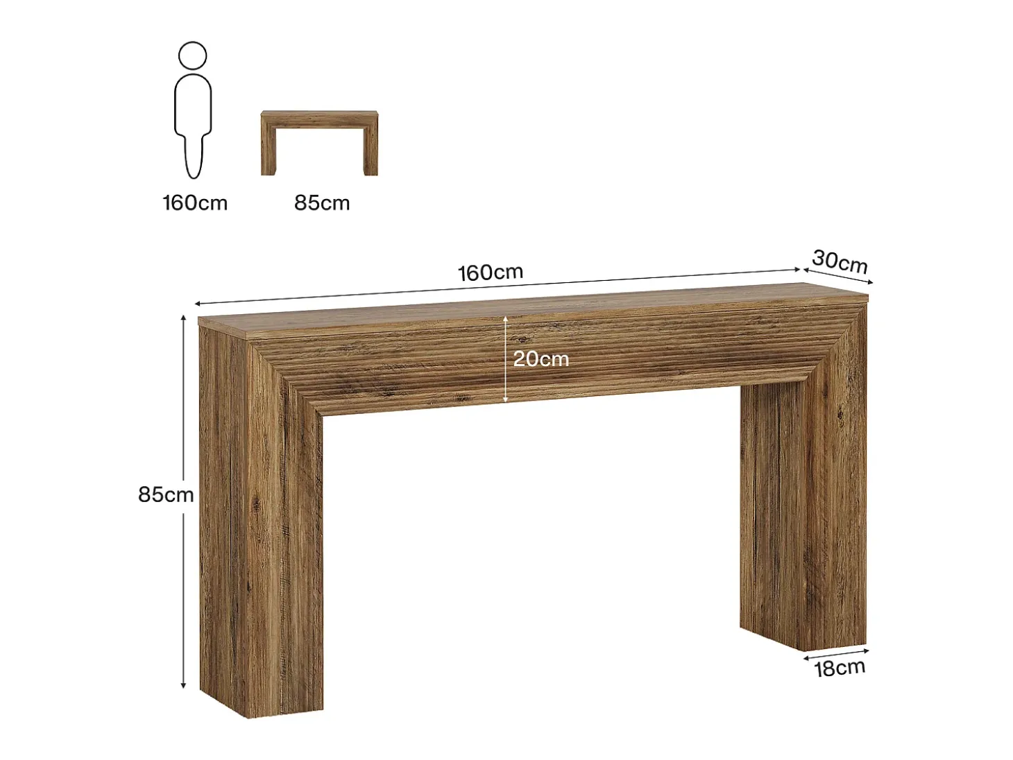 Mesa de consola de 160 cm, mesa larga rústica acanalada detrás del sofá para recibidor
