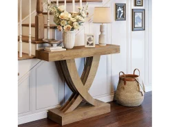 Mesa de consola de 110 cm, Mesa de entrada de color marrón rústico con estructura en X, Mesa estrecha para pasillo en MDF