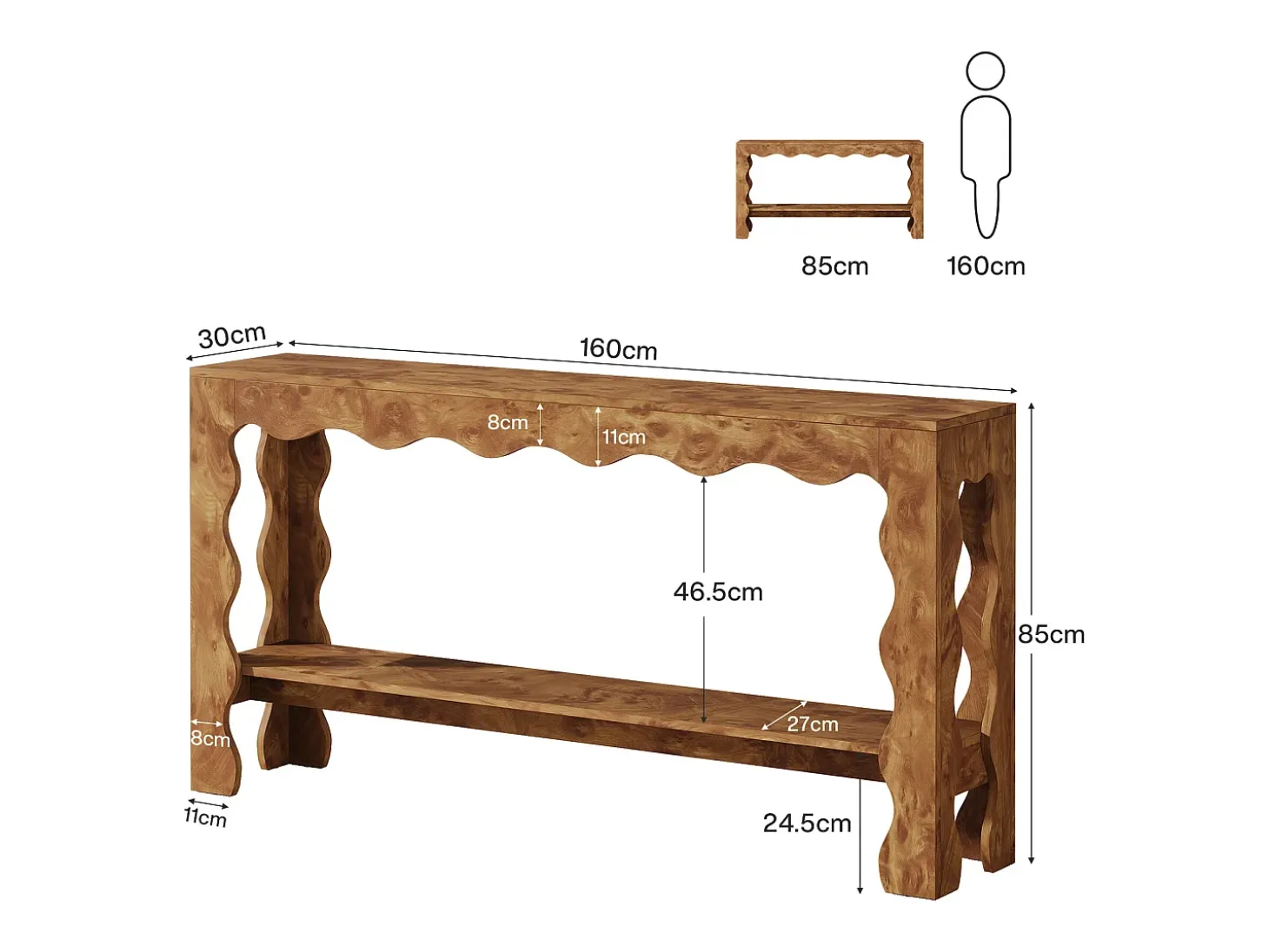 Mesa de consola de 160 cm, mesa de entrada estrecha de 2 niveles con patas adornadas