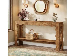 Mesa de consola de 160 cm, mesa de entrada estrecha de 2 niveles con patas adornadas