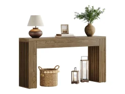 Mesa de consola de 150 cm para sala de estar, mesa de entrada de estilo rústico con patas de listones verticales